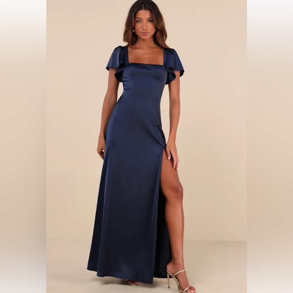 NWT Lulus Ultimate Sweetness Navy Blue Satin Flutter Sleeve Maxi Dress